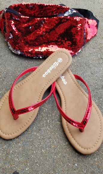 Red Sequins Thong Sandals - Picture 2 of 2